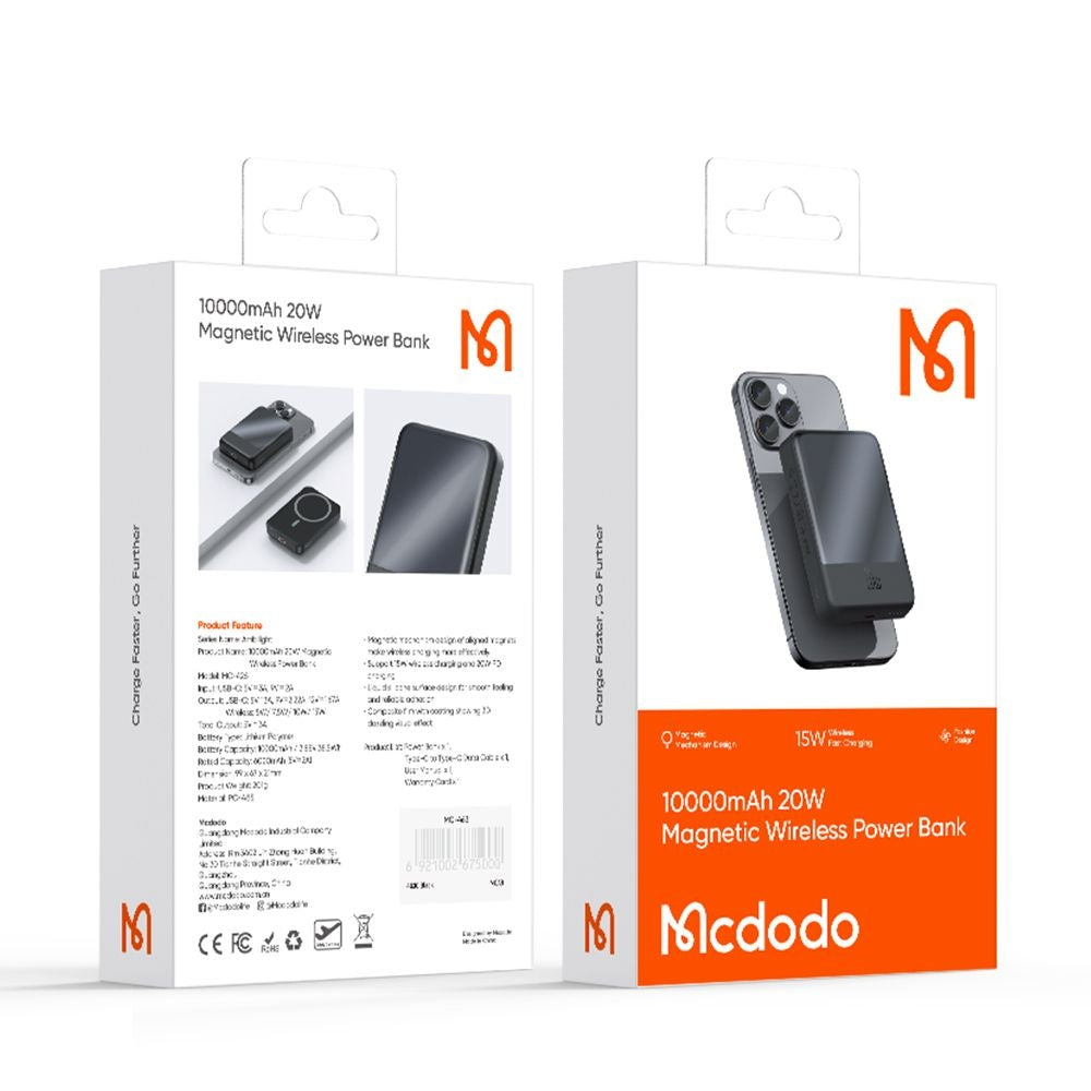 Trådlös Extern Batteri McDodo MC-4261 Ambilight, 10000mAh, 20W, PD + FQI, 1 x QI - 1 x USB-C, Svart