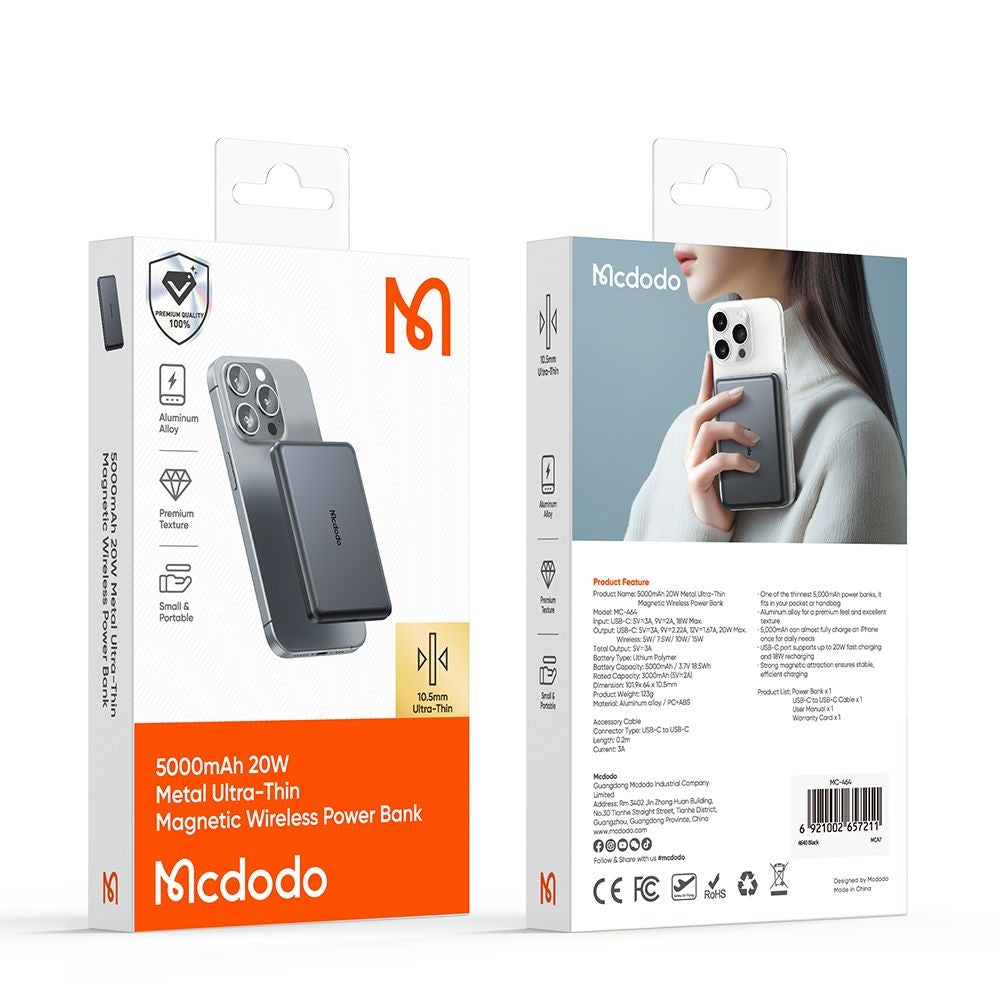 Extern trådlös batteri McDodo MC-4641 Meta, 5000mAh, 20W, PD + FQI, 1 x QI - 1 x USB-C, Svart