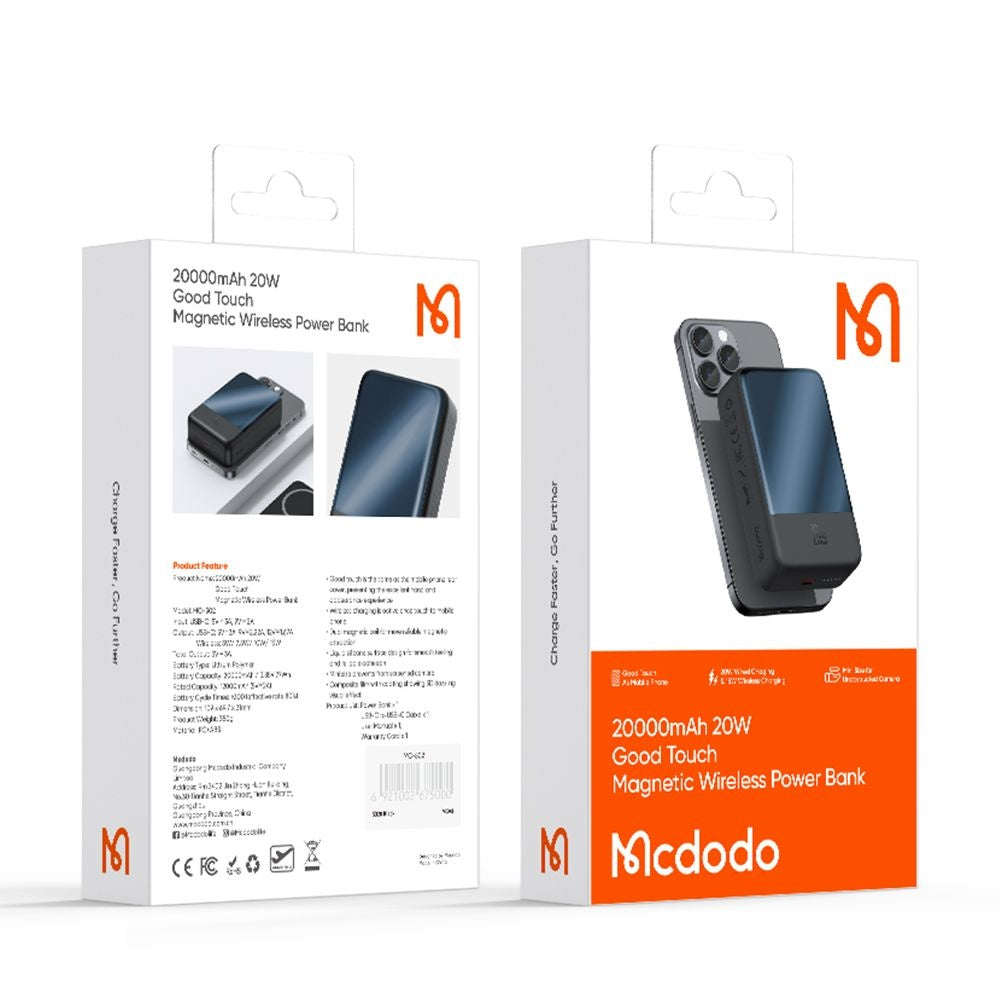 Trådlös Extern Batteri McDodo MC-5021 Ambilight, 20000mAh, 20W, PD + FQI, 1 x QI - 1 x USB-C, Svart