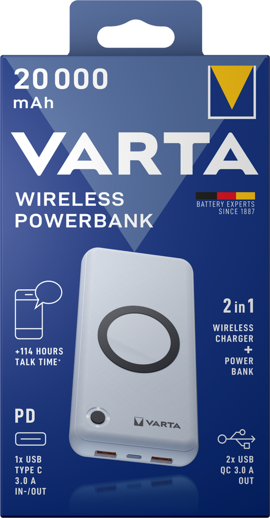 Varta Energy Trådlöst externt batteri, 20000mAh, 18W, QC + PD + FQI, 1 x QI - 1 x USB-C - 2 x USB-A, Vit