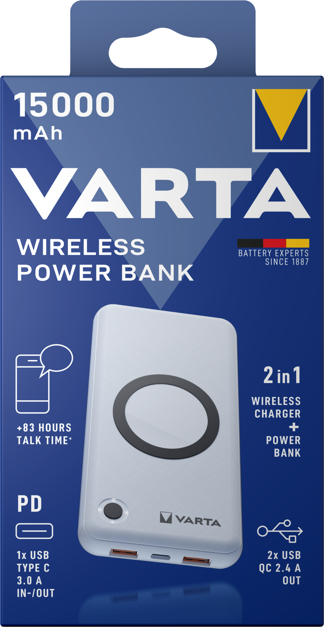 Varta Energy Externt trådlöst batteri, 15000mAh, 18W, QC + PD + FQI, 1 x QI - 1 x USB-C - 2 x USB-A, Vit