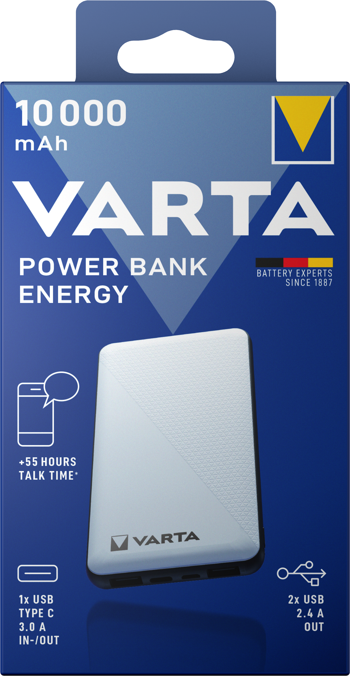 Varta Energy Externt batteri, 10000mAh, 15W, 2 x USB-A - 1 x USB-C, Vit