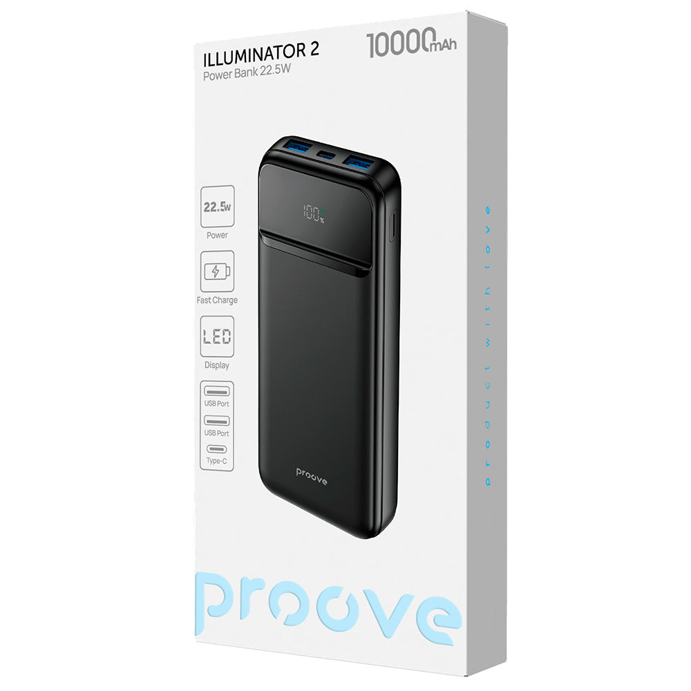 Extern batteri Proove Illuminator 2, 10000mAh, 22.5W, QC + PD, 2 x USB-A - 1 x USB-C, Svart PBIP10212201