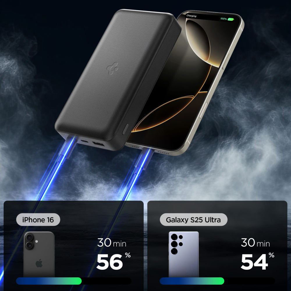 Extern batteri Spigen, 20000mAh, 30W, QC + PD, 1 x USB-A - 2 x USB-C, Svart ABA09433
