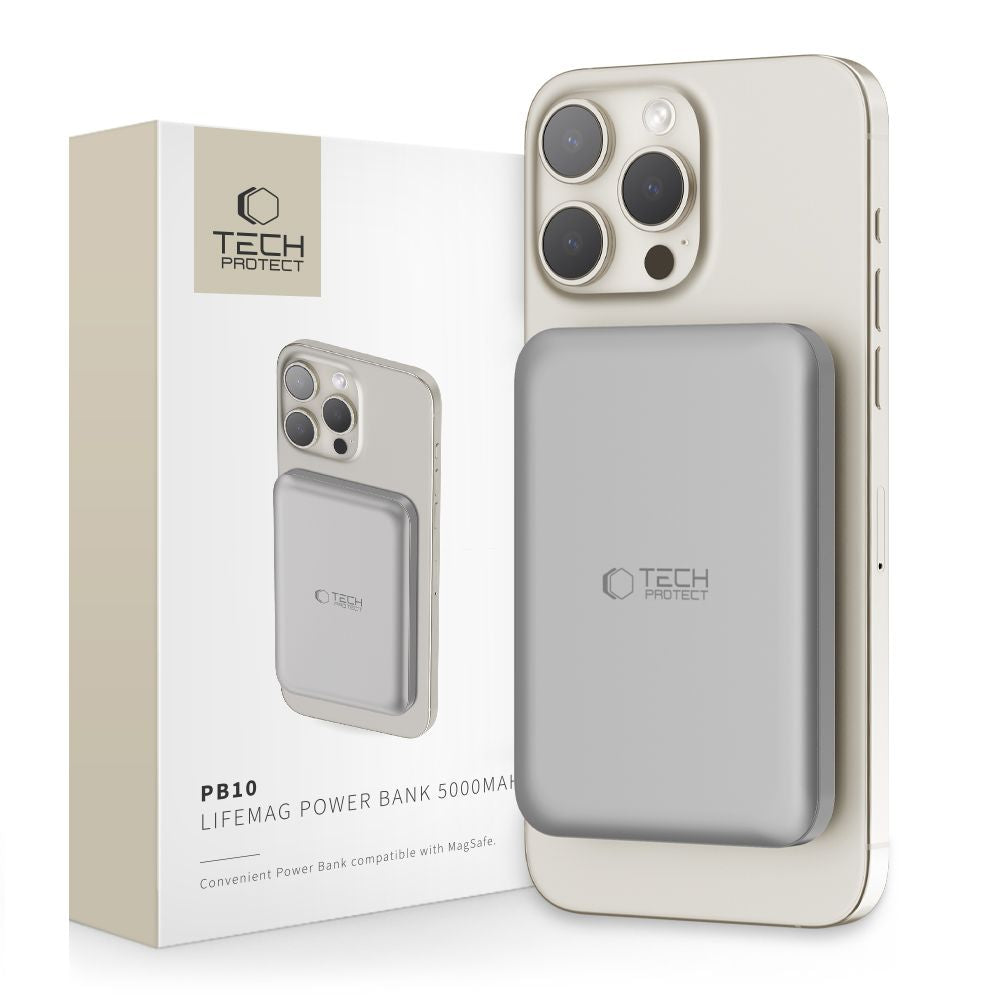 Tech-Protect PB10 LifeMag Trådlöst externt batteri, 5000mAh, 15W, PD + FQI, 1 x QI - 1 x USB-C, Grå