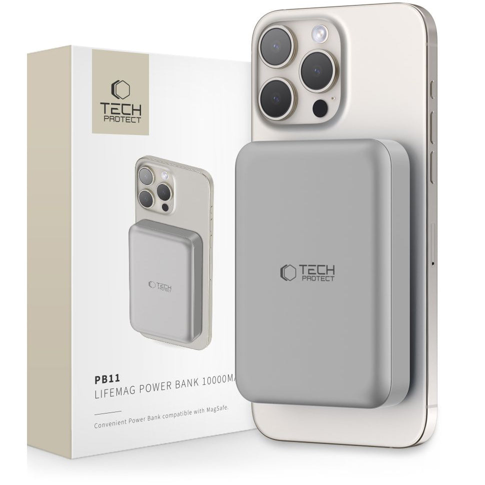 Externt trådlöst batteri Tech-Protect PB11 LifeMag, 10000mAh, 15W, PD + FQI, 1 x QI - 1 x USB-C, Grå