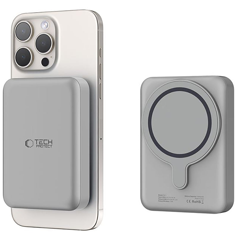 Externt trådlöst batteri Tech-Protect PB11 LifeMag, 10000mAh, 15W, PD + FQI, 1 x QI - 1 x USB-C, Grå