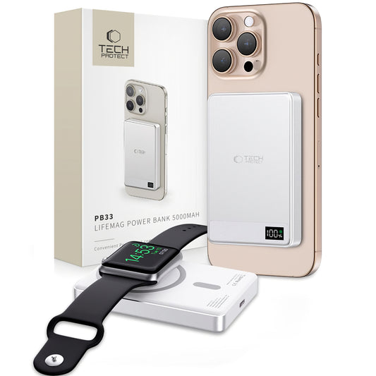Externt trådlöst batteri Tech-Protect PB33 LifeMag, 5000mAh, 15W, FQI, 1 x QI - 1 x USB-C, Grå