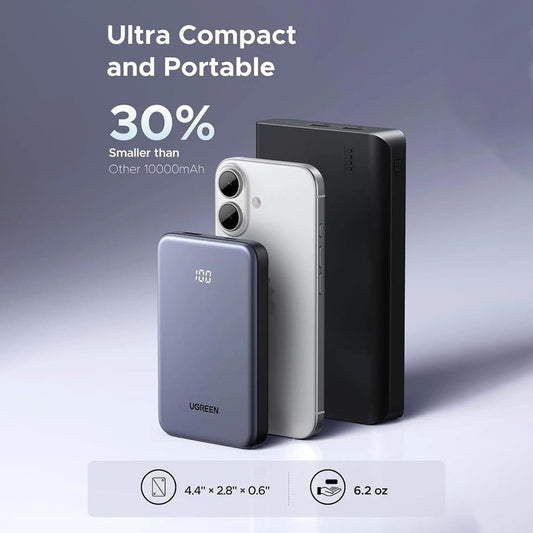 Extern batteri UGREEN 75131B, 10000mAh, 22.5W, QC + PD, 1 x USB-A - 1 x USB-C, Grå