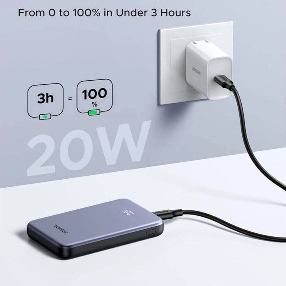 Extern batteri UGREEN 75131B, 10000mAh, 22.5W, QC + PD, 1 x USB-A - 1 x USB-C, Grå