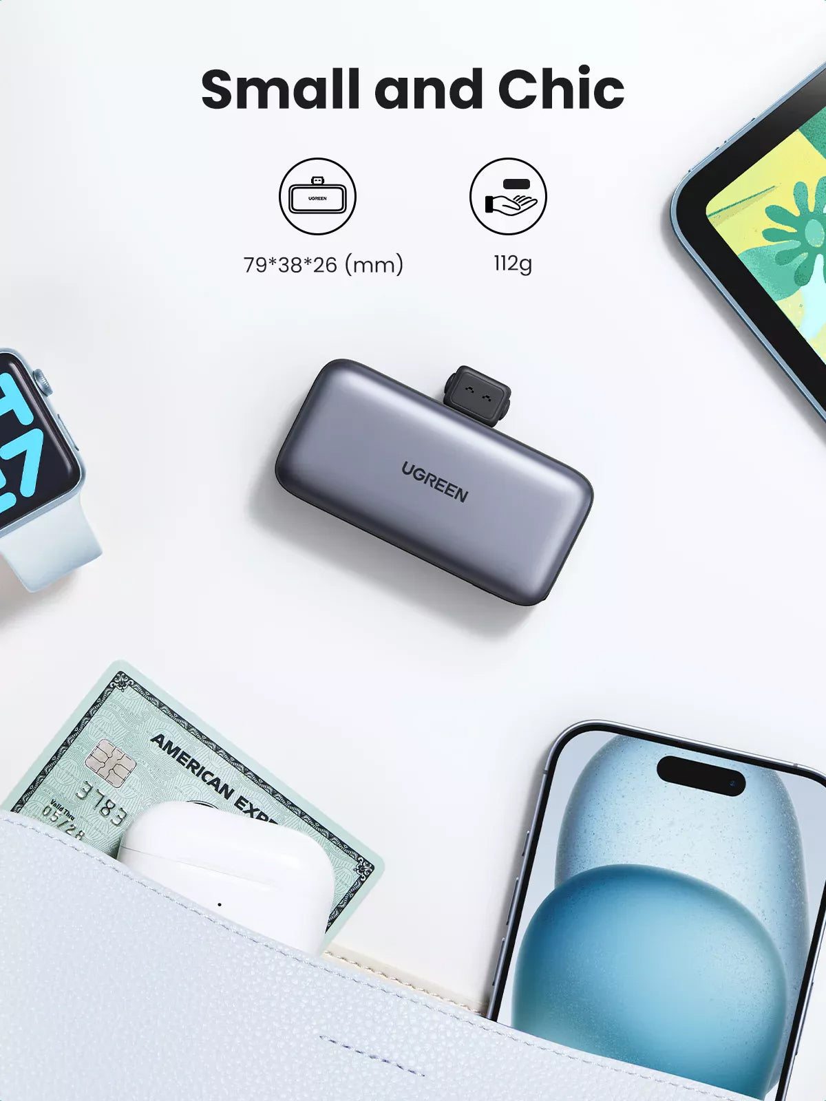 Extern batteri UGREEN PB503, 5000mAh, 22.5W, PD, 1 x USB-C, Grå