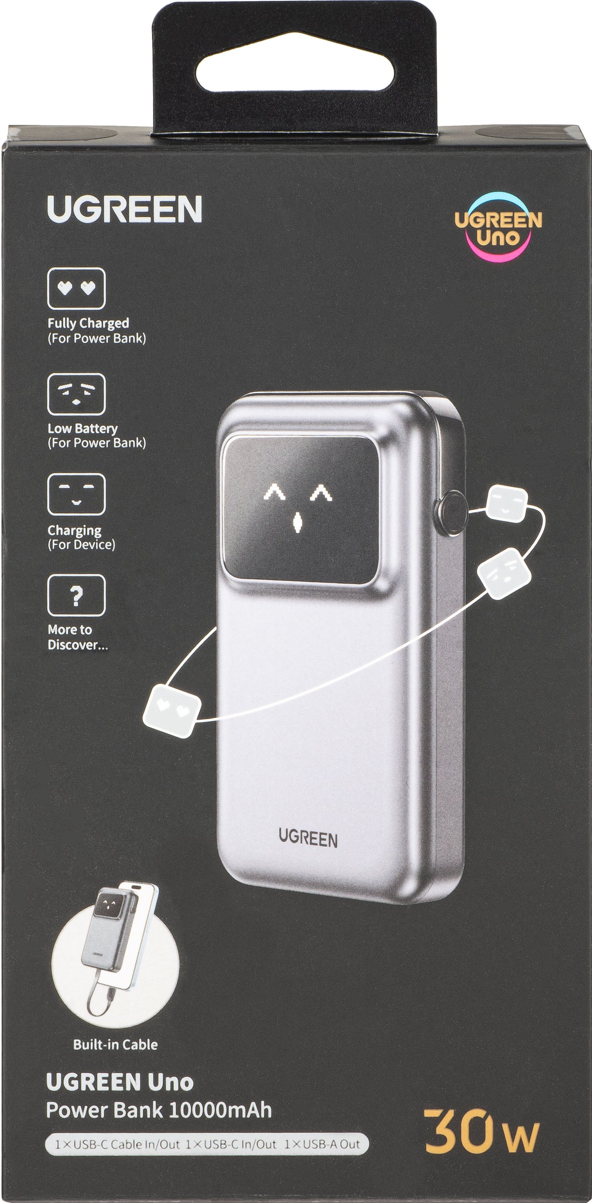 Extern batteri UGREEN PB511 Uno, 10000mAh, 30W, QC + PD, 1 x USB-A - 2 x USB-C, Grå