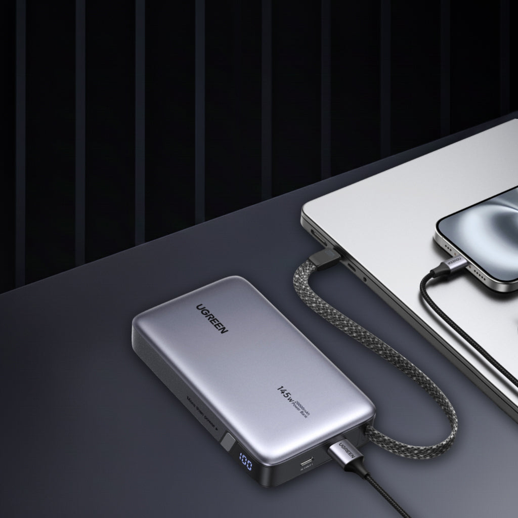 Extern batteri UGREEN PB551 (55992B), 20000mAh, 145W, QC + PD, 1 x USB-A - 2 x USB-C, Grå