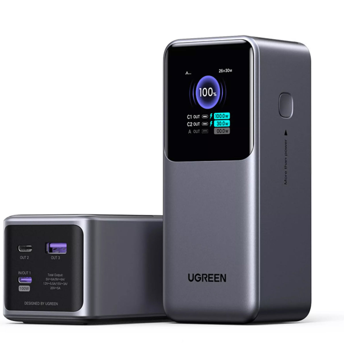 Extern batteri UGREEN PB721, 20000mAh, 130W, QC + PD, 1 x USB-A - 2 x USB-C, Grå