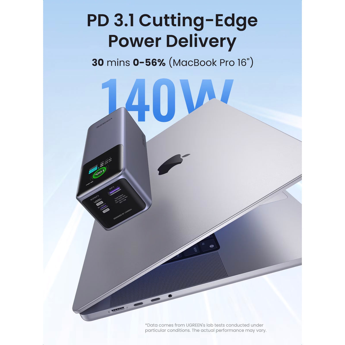 Extern batteri UGREEN PB722, 25000mAh, 200W, QC + PD, 1 x USB-A - 2 x USB-C, Grå