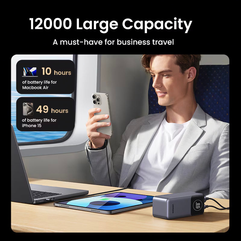Extern batteri UGREEN PB724, 12000mAh, 100W, QC + PD, 1 x USB-A - 1 x USB-C, Grå
