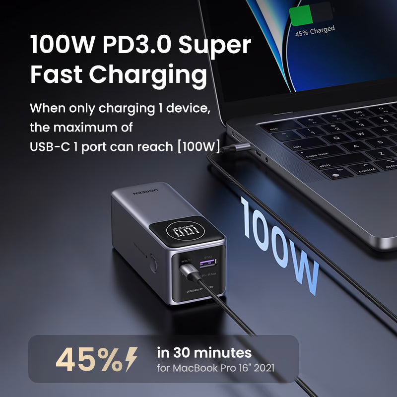 Extern batteri UGREEN PB724, 12000mAh, 100W, QC + PD, 1 x USB-A - 1 x USB-C, Grå
