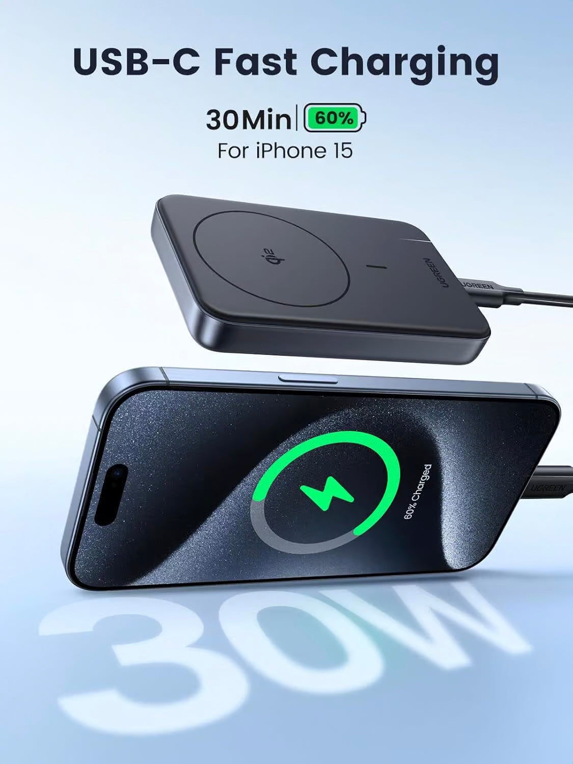 Extern batteri UGREEN PB761, 10000mAh, 30W, PD + FQI, 1 x QI - 1 x USB-C, Grå