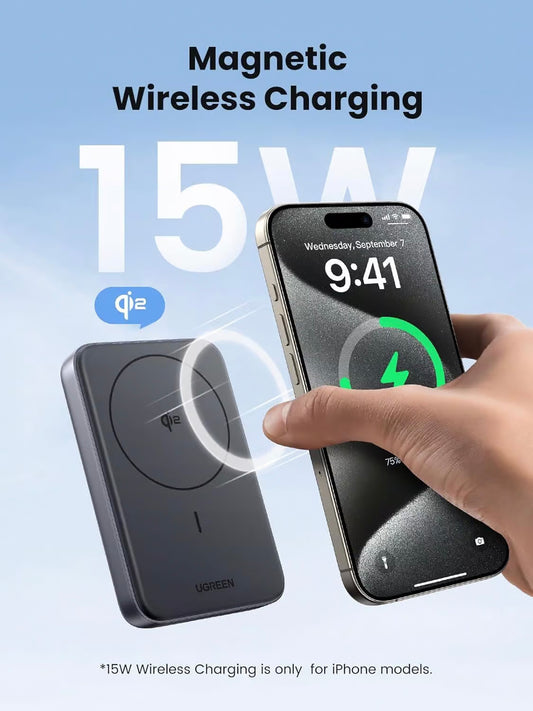 Extern batteri UGREEN PB761, 10000mAh, 30W, PD + FQI, 1 x QI - 1 x USB-C, Grå