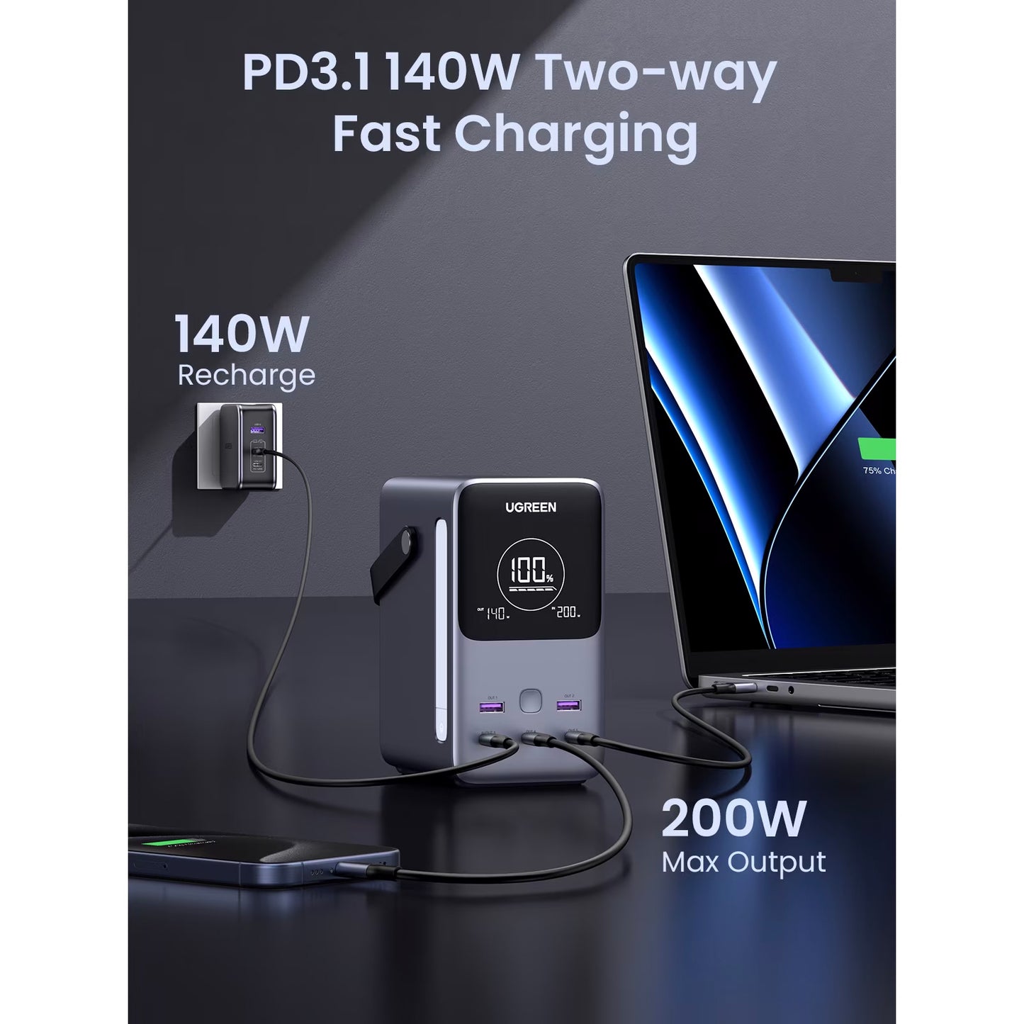 Extern batteri UGREEN PB770, 48000mAh, 300W, QC + PD, 2 x USB-A - 3 x USB-C, Grå