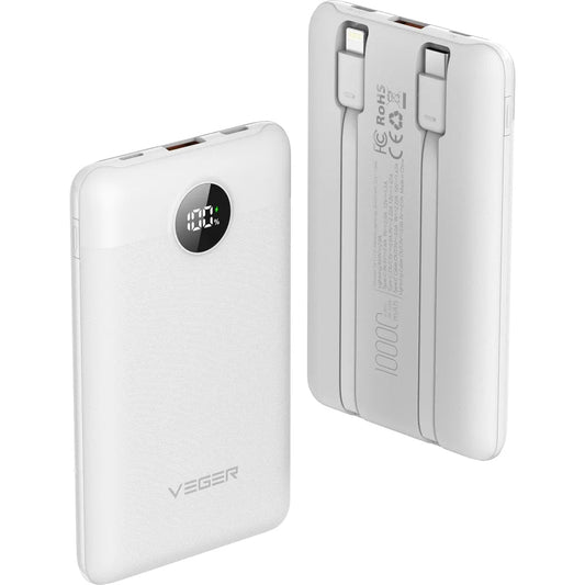 Extern batteri Veger C11C, 10000mAh, 22.5W, QC + PD, 1 x Lightning - 1 x USB-A - 2 x USB-C, Vit