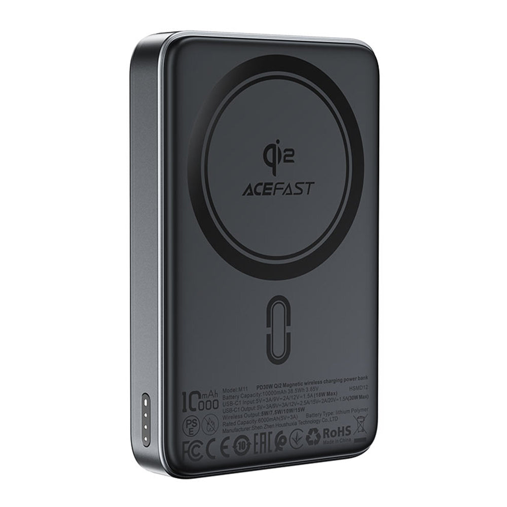 Trådlös Extern Batteri Acefast M11, 10000mAh, 30W, PD + FQI, 1 x QI - 1 x USB-C, Svart