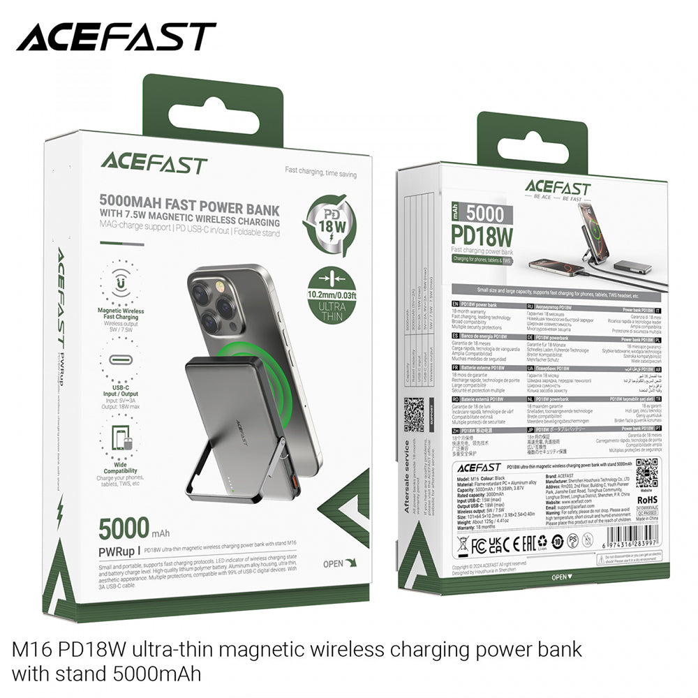 Trådlös Extern Batteri Acefast M16, 5000mAh, 18W, PD + FQI, 1 x QI - 1 x USB-C, Svart