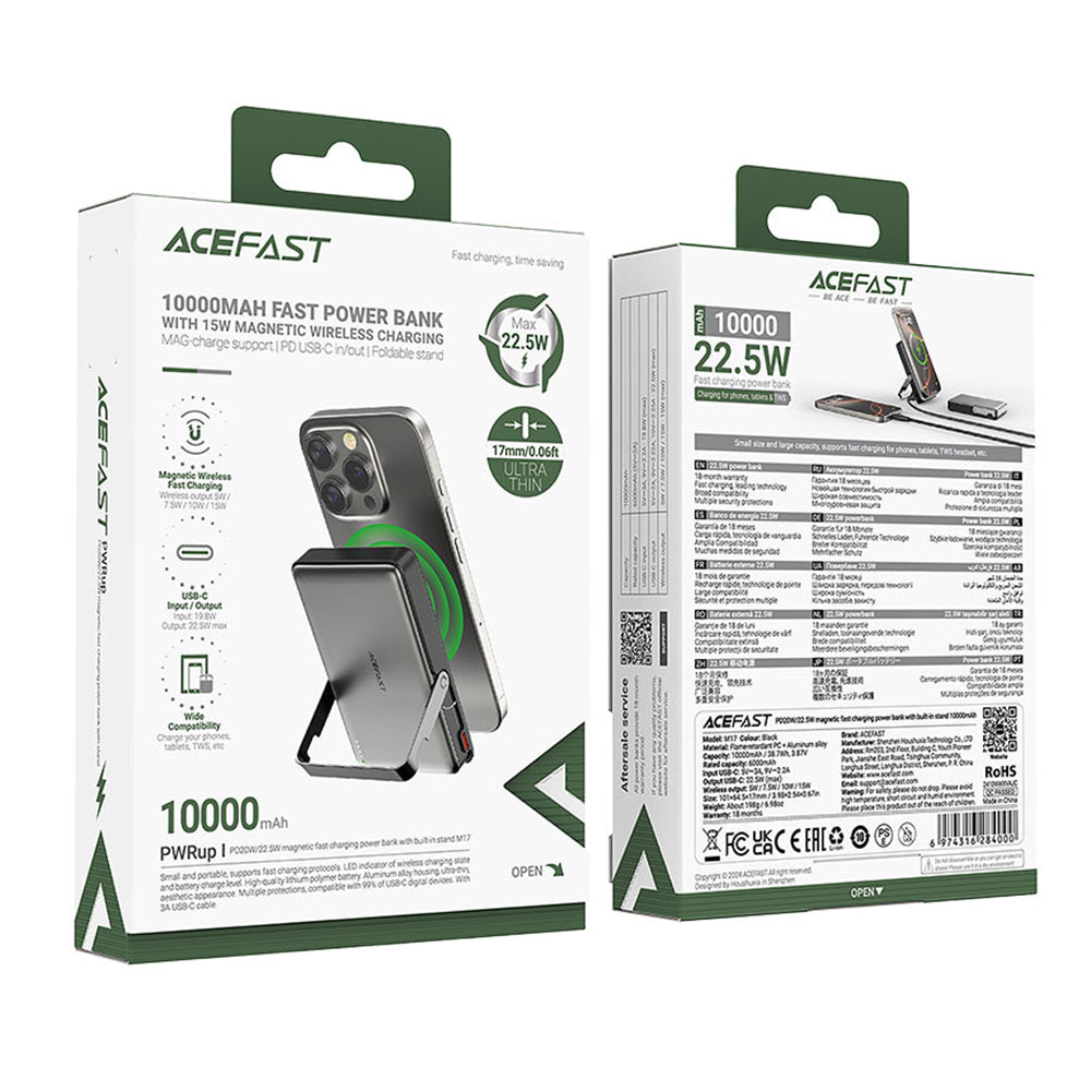 Trådlös Extern Batteri Acefast M17, 10000mAh, 22.5W, PD + FQI, 1 x QI - 1 x USB-C, Svart