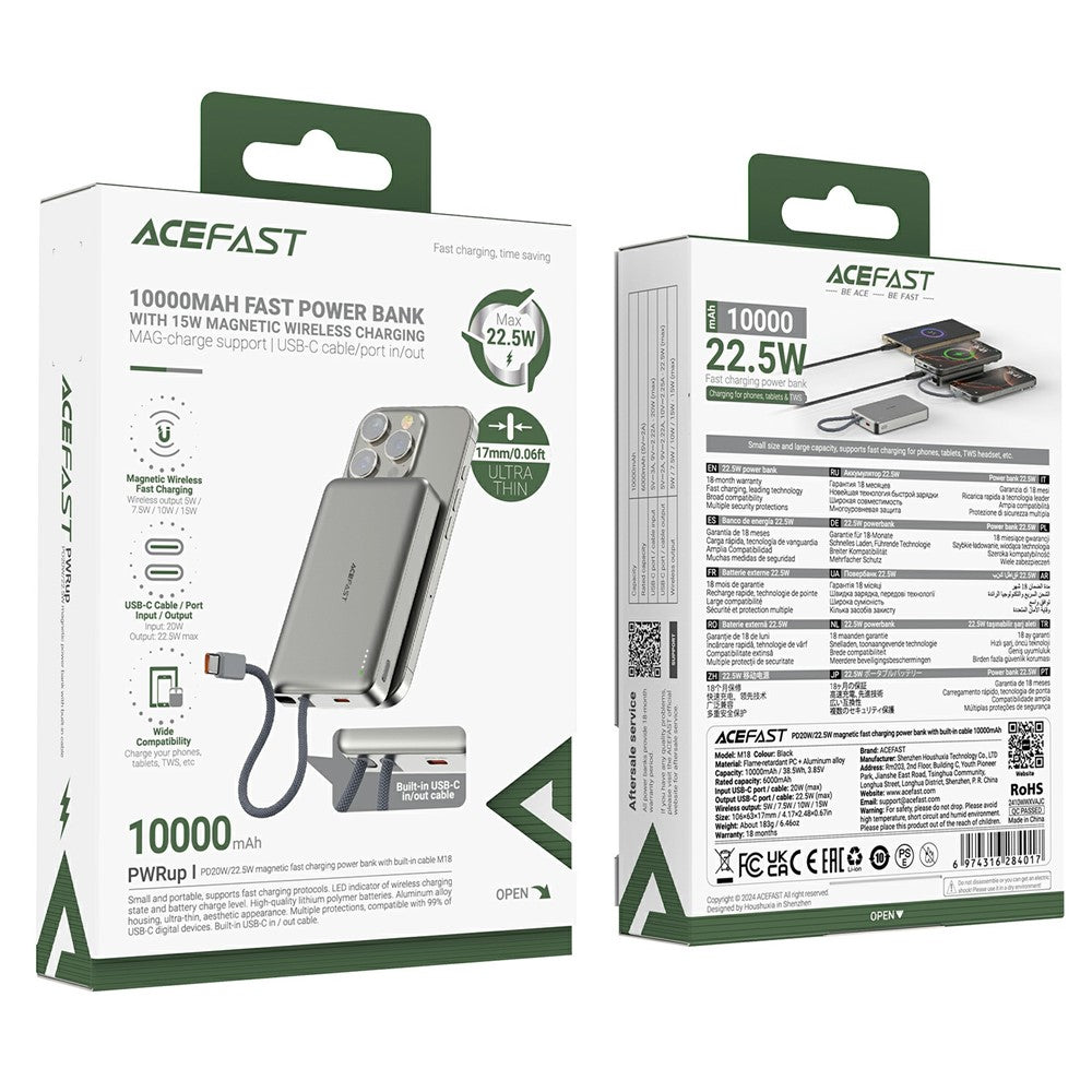 Trådlös Extern Batteri Acefast M18, 10000mAh, 22.5W, PD + FQI, 1 x QI - 2 x USB-C, Svart