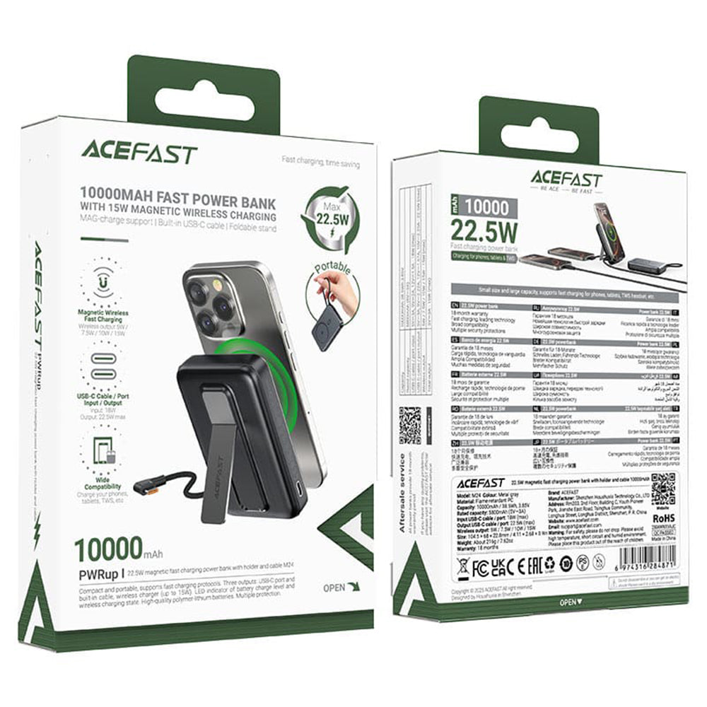 Trådlös Extern Batteri Acefast M24, 10000mAh, 22.5W, PD + FQI, 1 x QI - 2 x USB-C, Grå