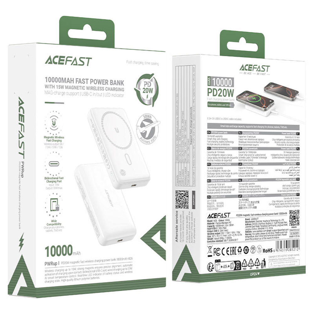 Extern trådlös batteri Acefast M26, 10000mAh, 20W, PD + FQI, 1 x QI - 1 x USB-C, Vit
