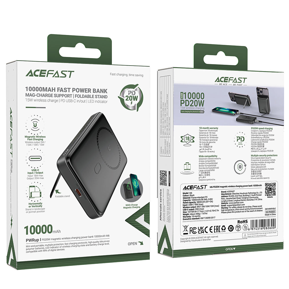 Trådlös Extern Batteri Acefast M6, 10000mAh, 20W, PD + FQI, 1 x QI - 1 x USB-C, Svart