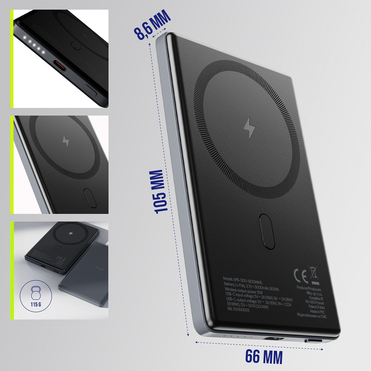 Extern trådlös batteri Allity. APB-300, 5000mAh, 20W, PD + FQI, 1 x QI - 1 x USB-C, Grå