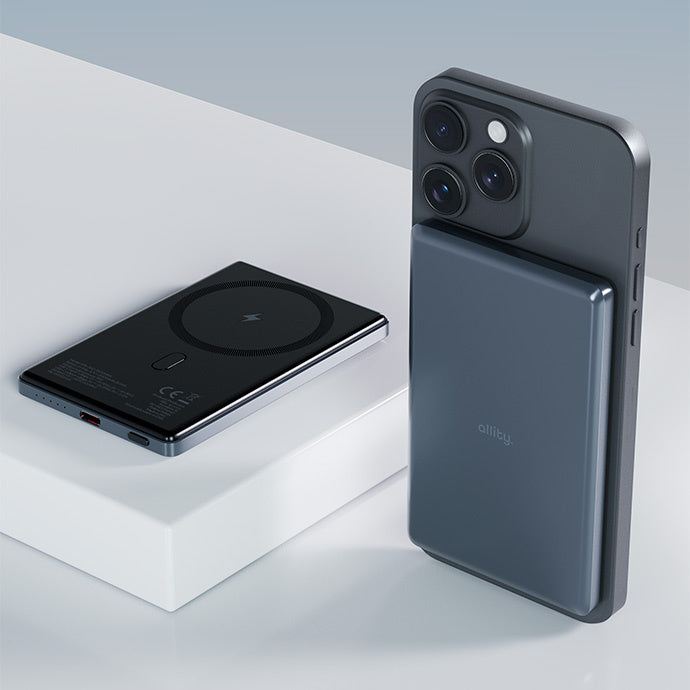 Extern trådlös batteri Allity. APB-300, 5000mAh, 20W, PD + FQI, 1 x QI - 1 x USB-C, Grå