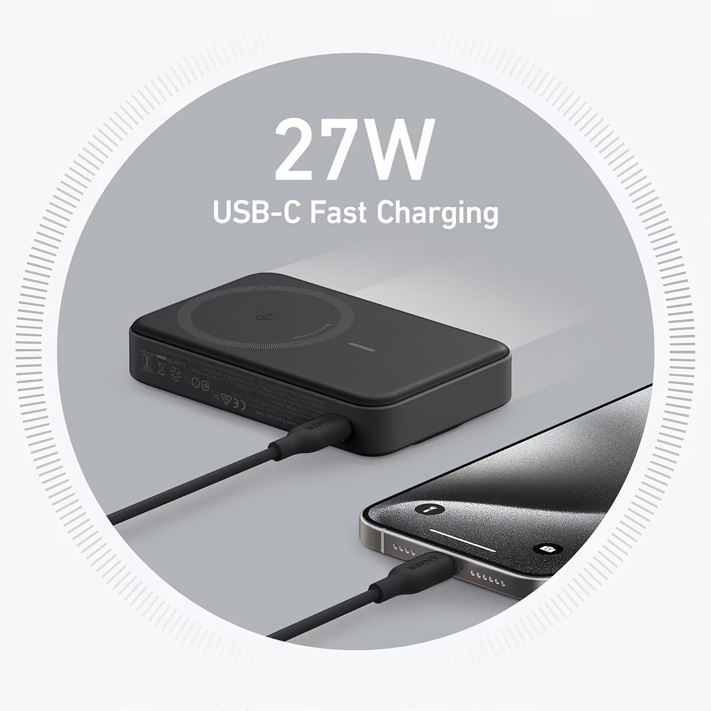 Anker MagGo Trådlöst externt batteri, 10000mAh, 27W, PD + FQI, 1 x QI - 1 x USB-C, Svart A1654G11