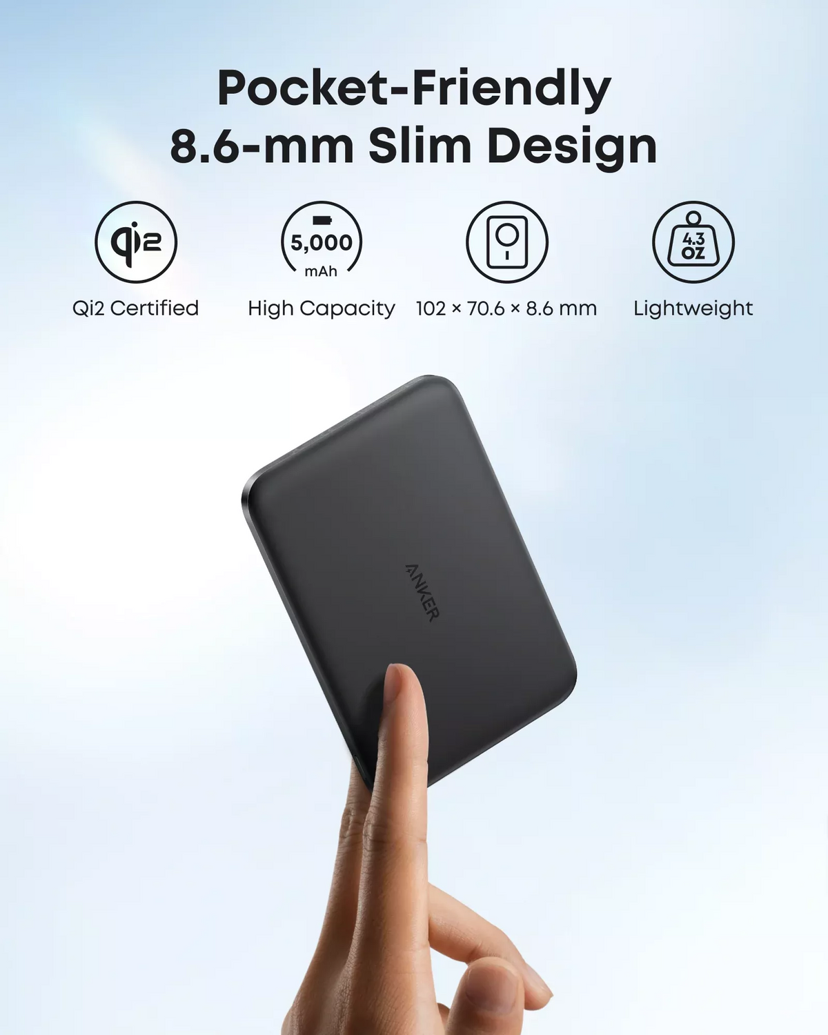 Anker Nano trådlös powerbank, 5000mAh, 20W, PD + FQI, 1 x QI - 1 x USB-C, Svart A1665H11