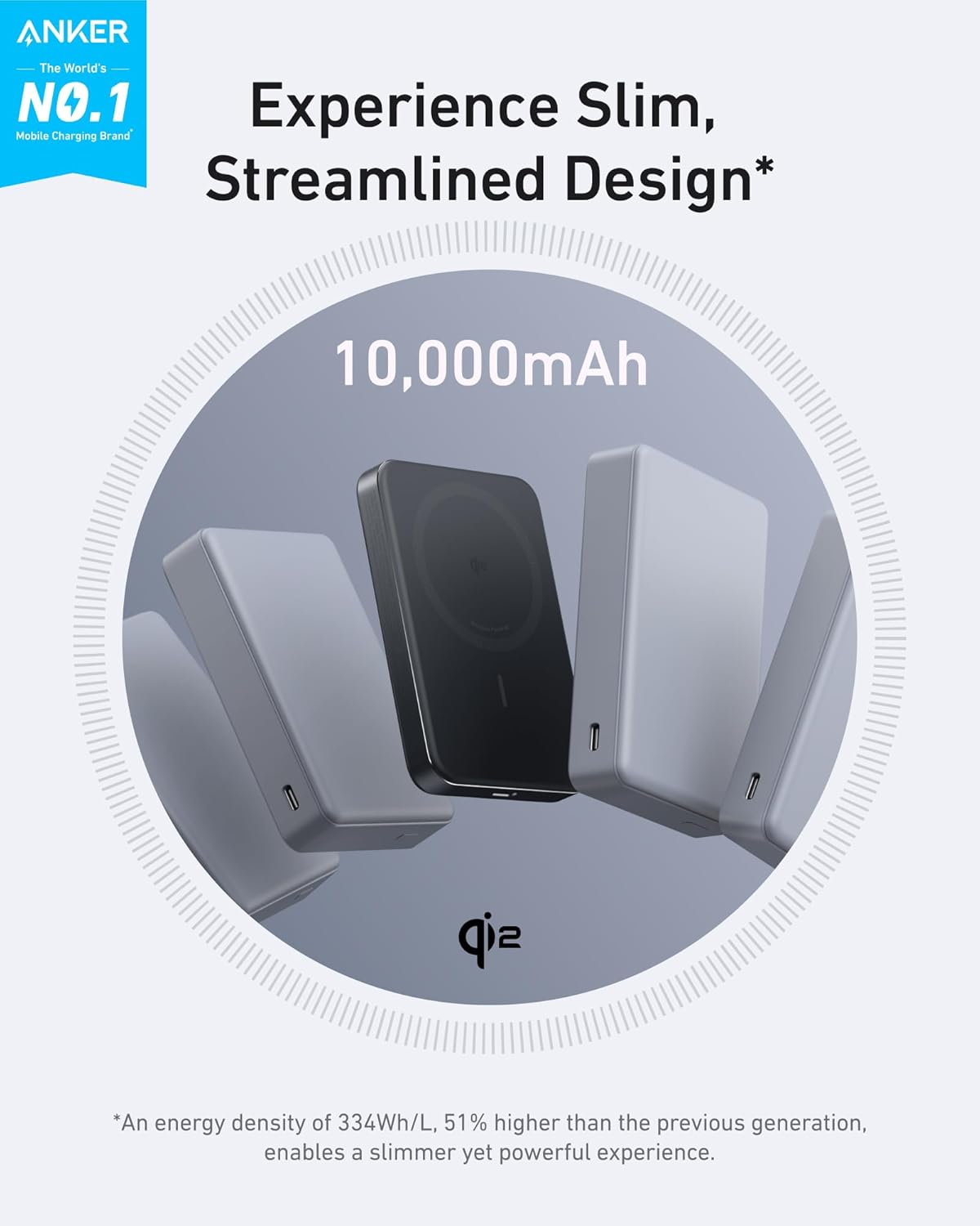 Anker MagGo Slim Trådlöst Externt Batteri, 10000mAh, 30W, PD + FQI, 1 x QI - 1 x USB-C, Svart A1664H11