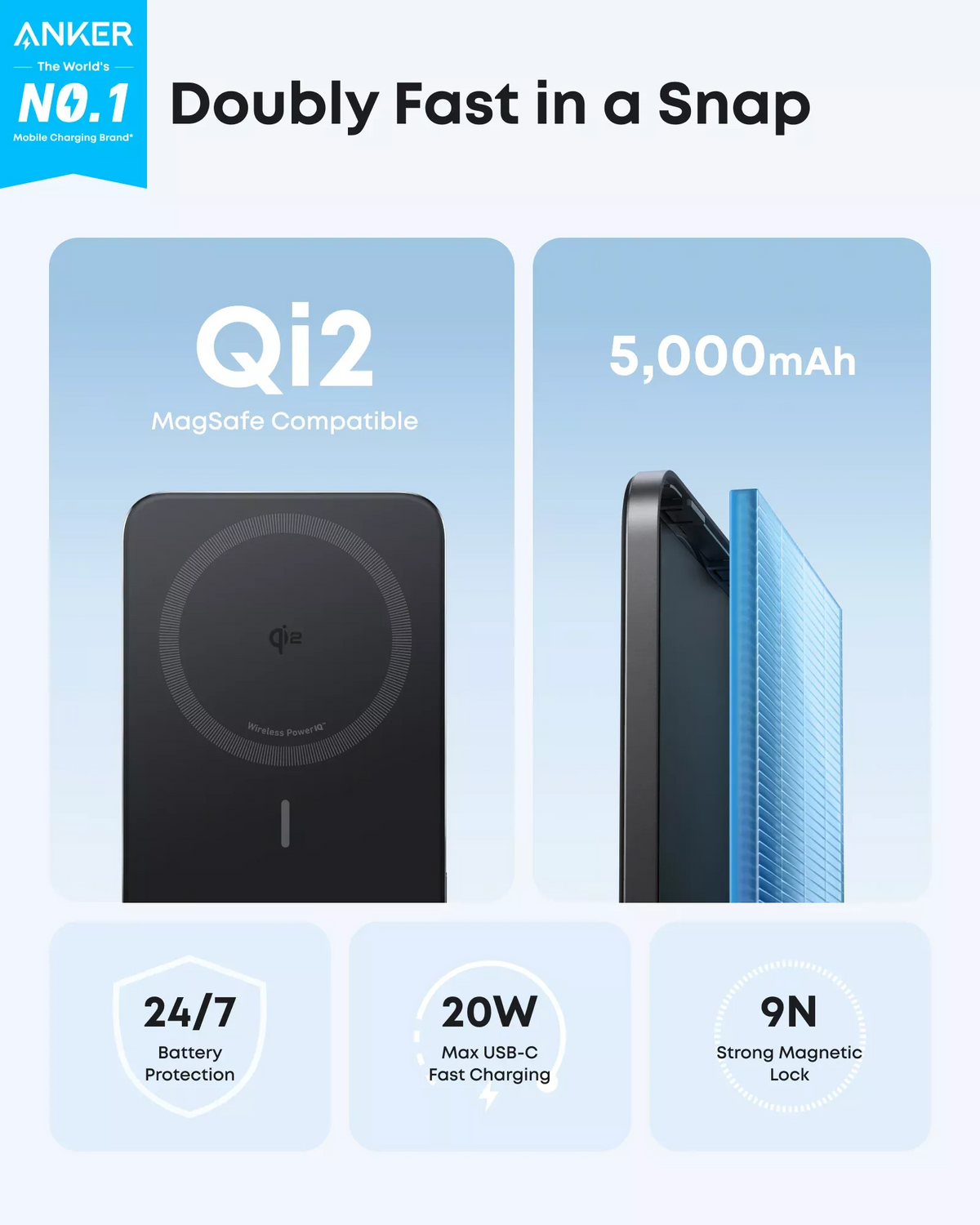 Anker Nano trådlös powerbank, 5000mAh, 20W, PD + FQI, 1 x QI - 1 x USB-C, Svart A1665H11