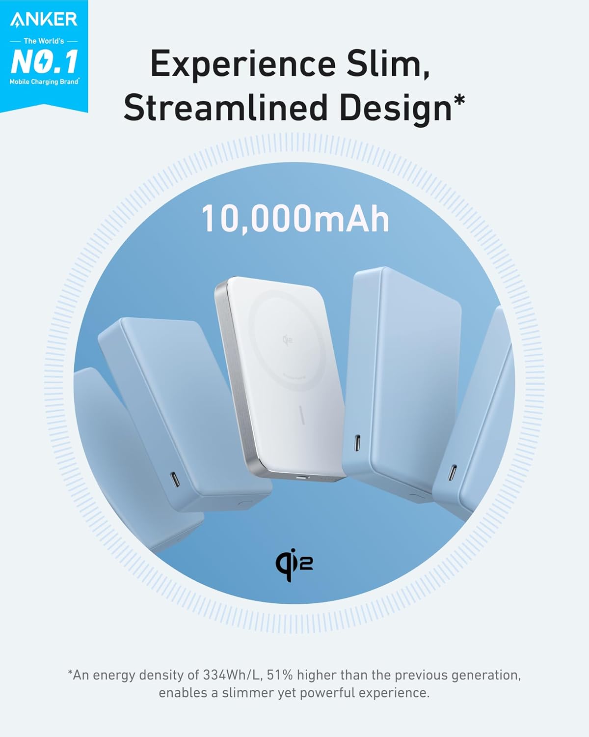 Anker MagGo Slim Trådlöst Externt Batteri, 10000mAh, 30W, PD + FQI, 1 x QI - 1 x USB-C, Vit A1664H21 A1664H21