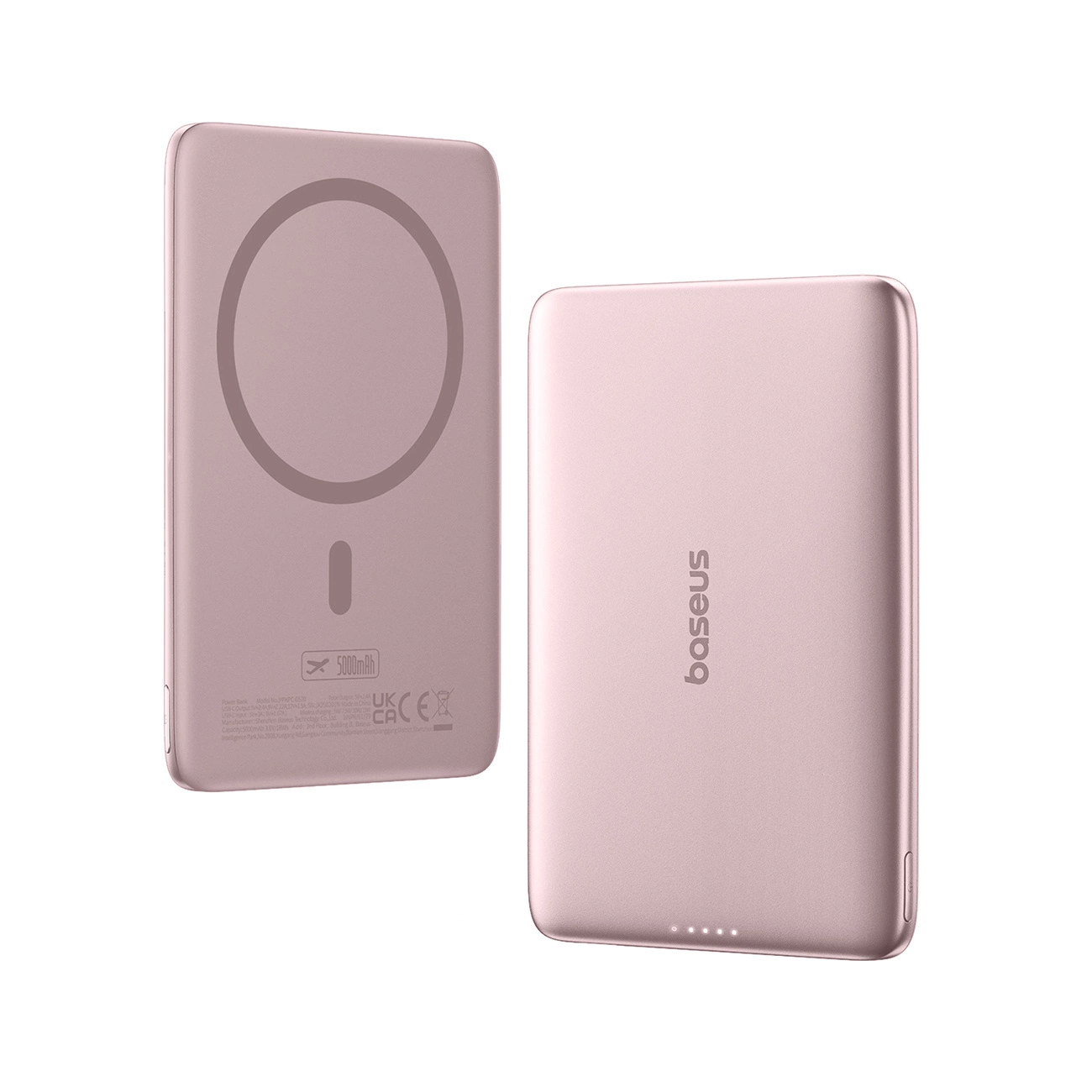 Trådlös Extern Batteri Baseus PicoGo AM41, 5000mAh, 20W, PD + FQI, 1 x QI - 1 x USB-C, Rosa
