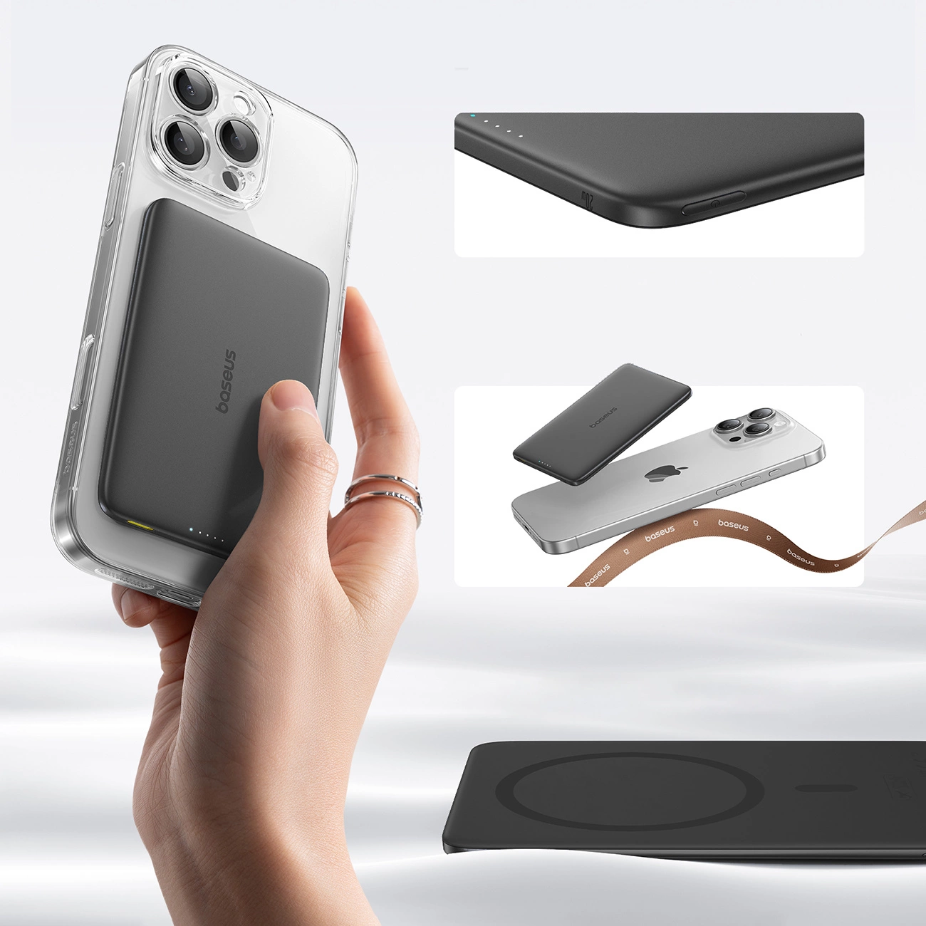 Extern batteri Wireless Baseus PicoGo AM41, 5000mAh, 20W, PD + FQI, 1 x QI - 1 x USB-C, Svart