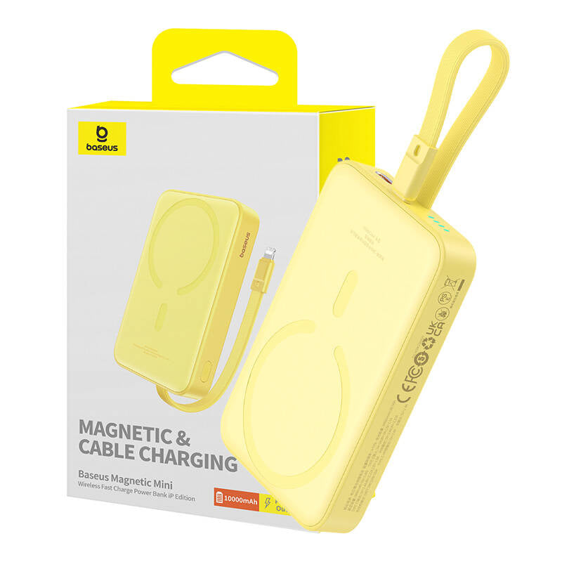 Extern batteri Wireless Baseus Magnetic Mini, 10000mAh, 20W, PD + FQI, 1 x Lightning - 1 x QI - 1 x USB-C, Gul P10022109Y23-00