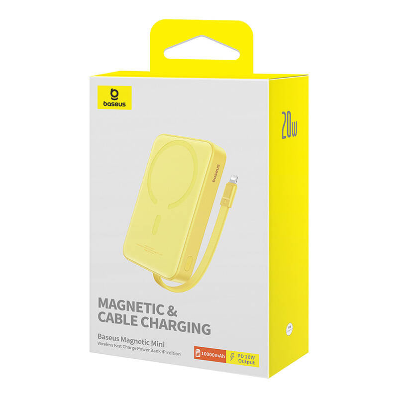 Extern batteri Wireless Baseus Magnetic Mini, 10000mAh, 20W, PD + FQI, 1 x Lightning - 1 x QI - 1 x USB-C, Gul P10022109Y23-00