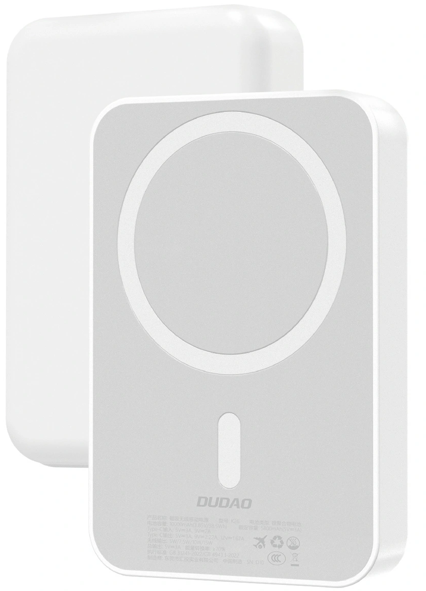 Extern trådlös batteri Dudao K26, 10000mAh, 20W, PD + FQI, 1 x QI - 1 x USB-C, Vit