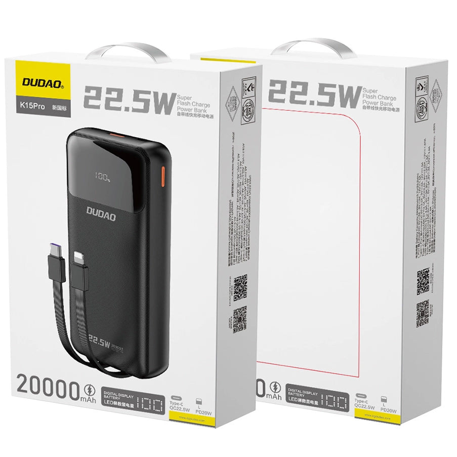 Extern batteri Dudao K15Pro, 20000mAh, 22.5W, QC + PD, 1 x Lightning - 1 x USB-A - 2 x USB-C, Svart