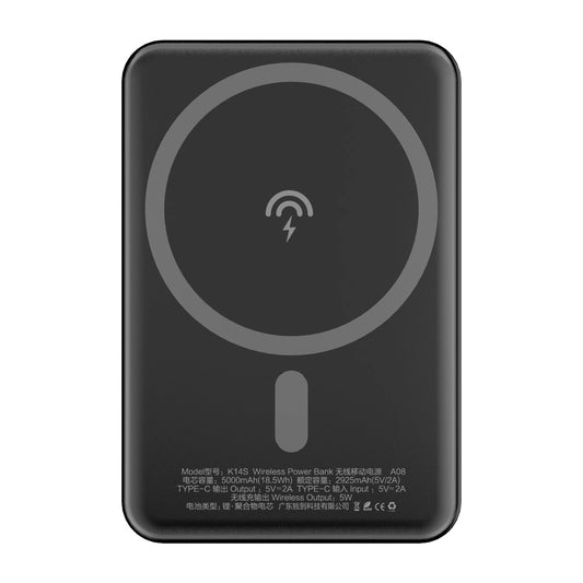 Dudao K14S Trådlöst externt batteri, 5000mAh, 10W, PD + QI, 1 x QI - 1 x USB-C, Svart