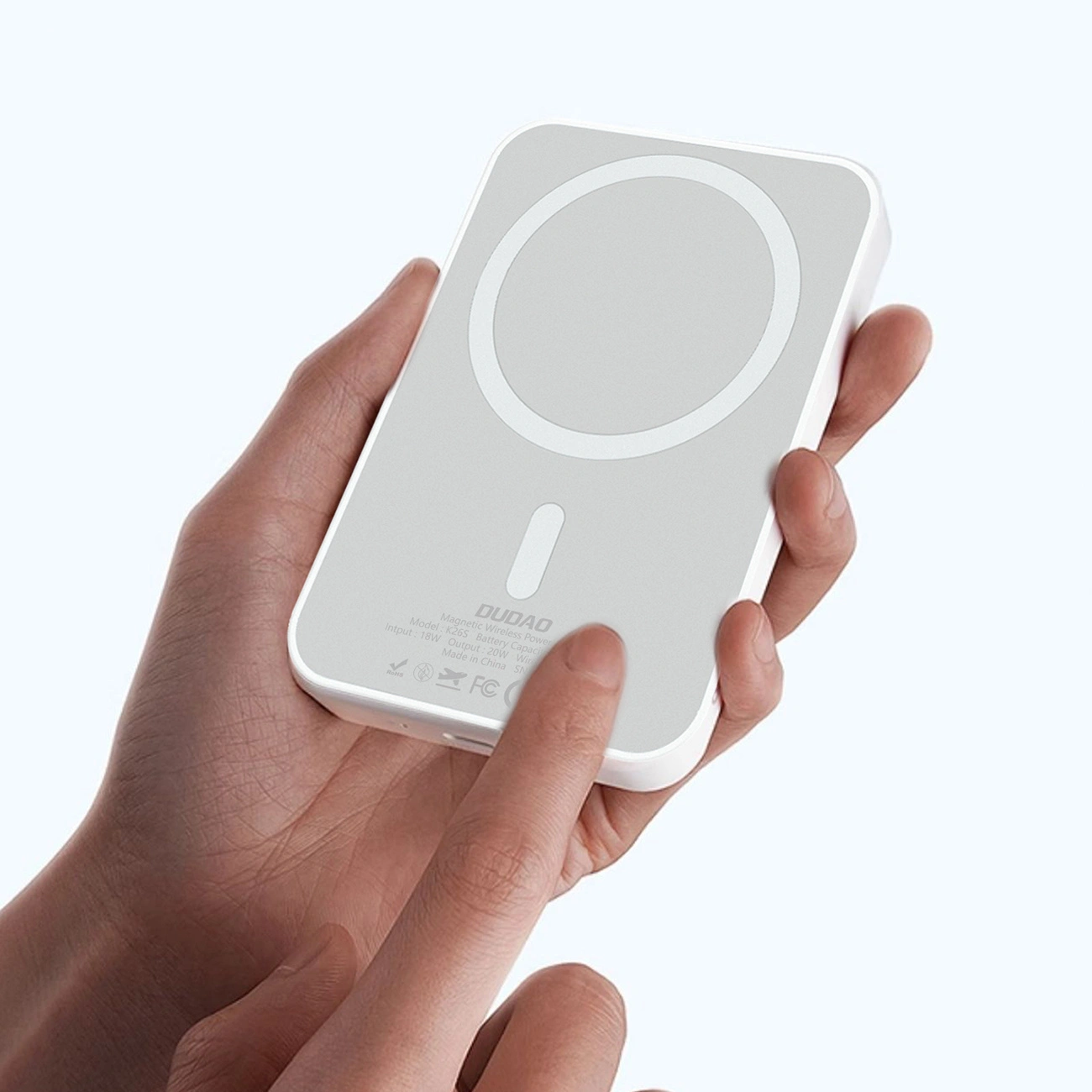 Extern trådlös batteri Dudao K26, 10000mAh, 20W, PD + FQI, 1 x QI - 1 x USB-C, Vit