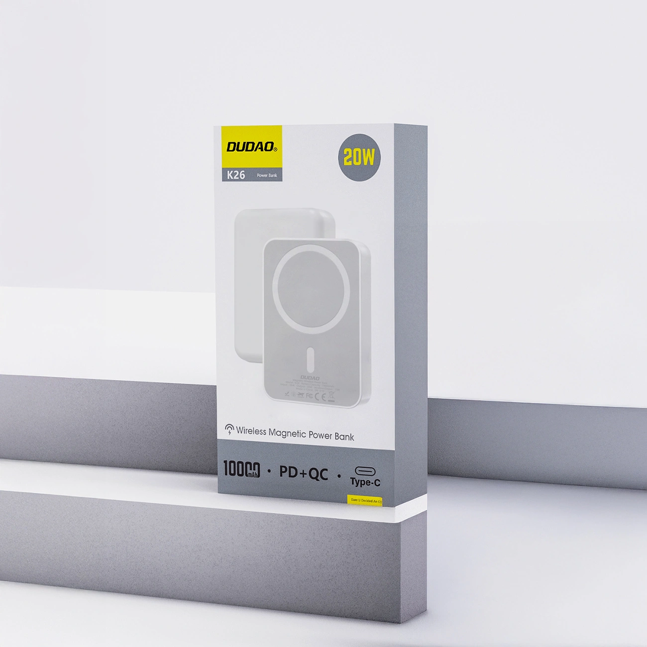 Extern trådlös batteri Dudao K26, 10000mAh, 20W, PD + FQI, 1 x QI - 1 x USB-C, Vit