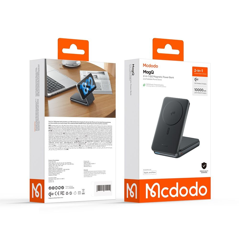 Trådlös Extern Batteri McDodo MC-6310 2in1, 10000mAh, 20W, PD + FQI, 1 x USB-C, Svart