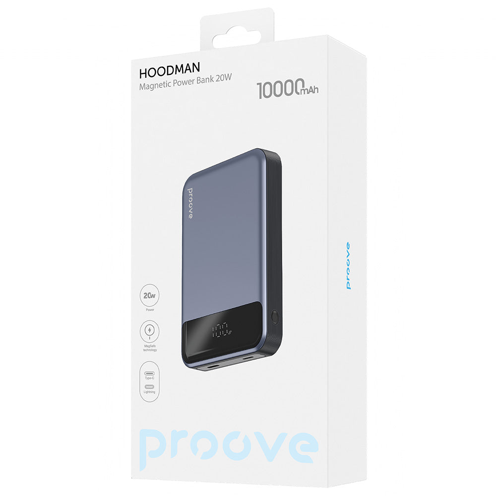 Trådlös Extern Batteri Proove Hoodman, 10000mAh, 20W, PD + FQI, 1 x QI - 1 x USB-C, Grå PBH120010003